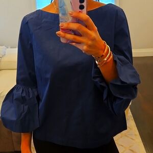 WOMENS LAUNDRY BY SHELLI SEGAL LOS ANGELES NAVY BLUE BALLOON SLEEVE TOP Sz 4 $70